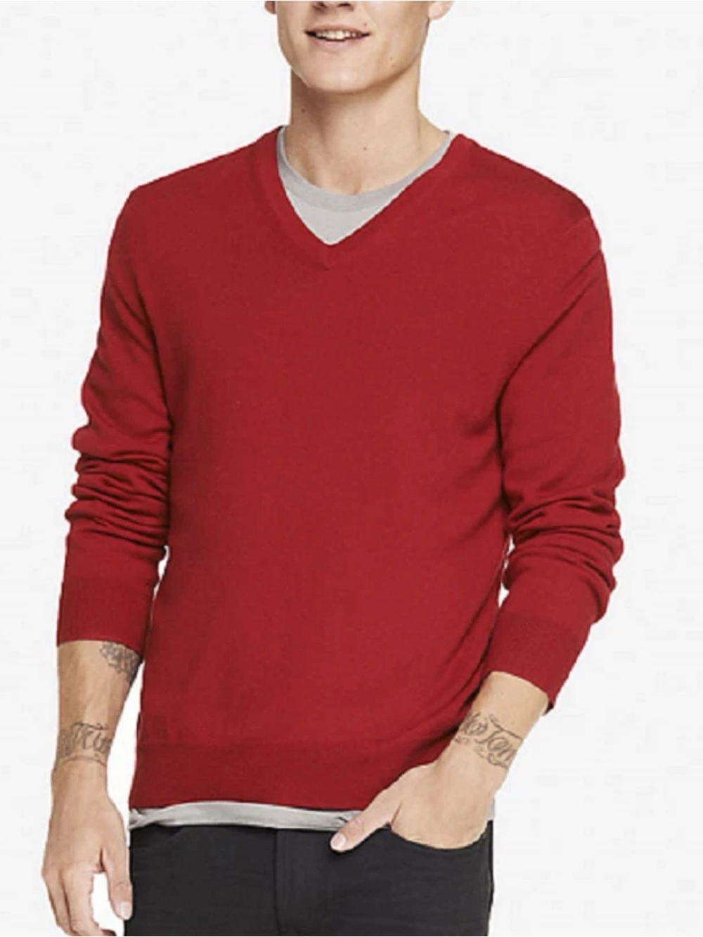 Express Sweater Mens Medium Red 100% Extra Fine Merino Wool V Neck Pullover